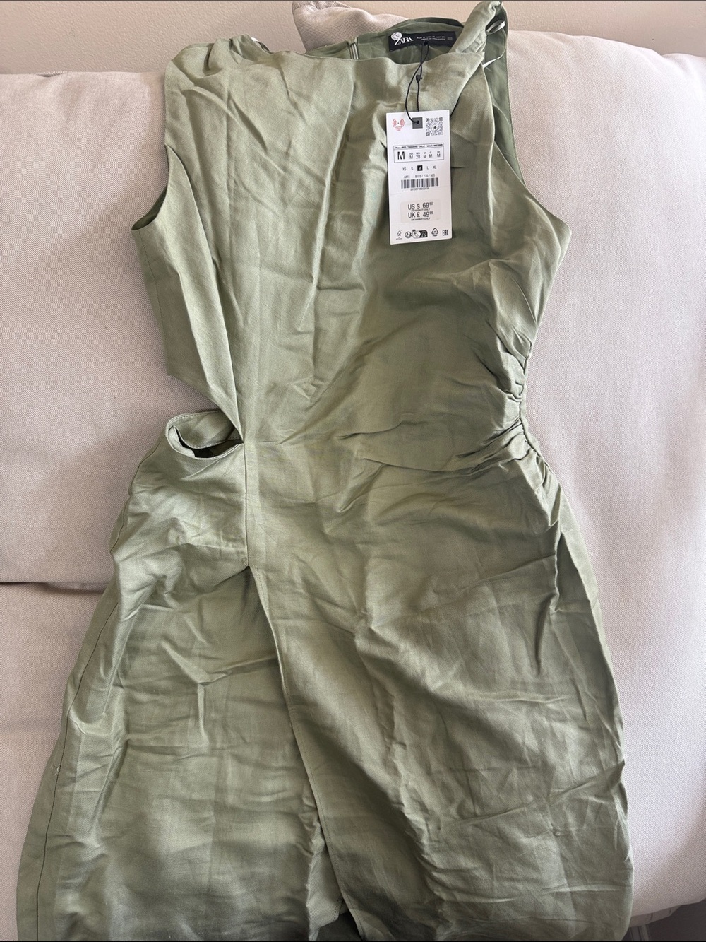 Zara Olive Green Asymmetrical Ruched Midi Dress